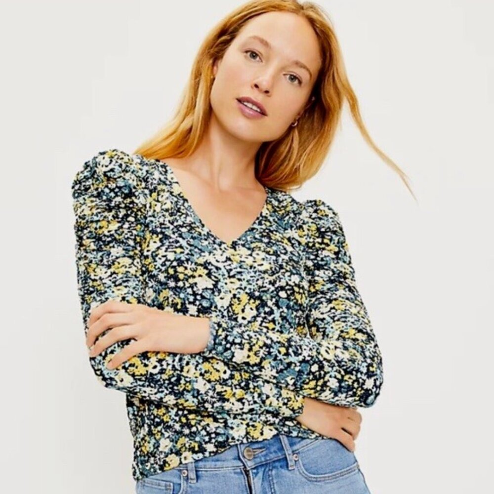 LOFT BLUE YELLOW FLORAL SHIRRED PUFF SHOULDER LONG SLEEVE BLOUSE, SZ: XL